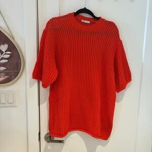 Zara Men Red Open Knit Short Sleeve Sweater Large